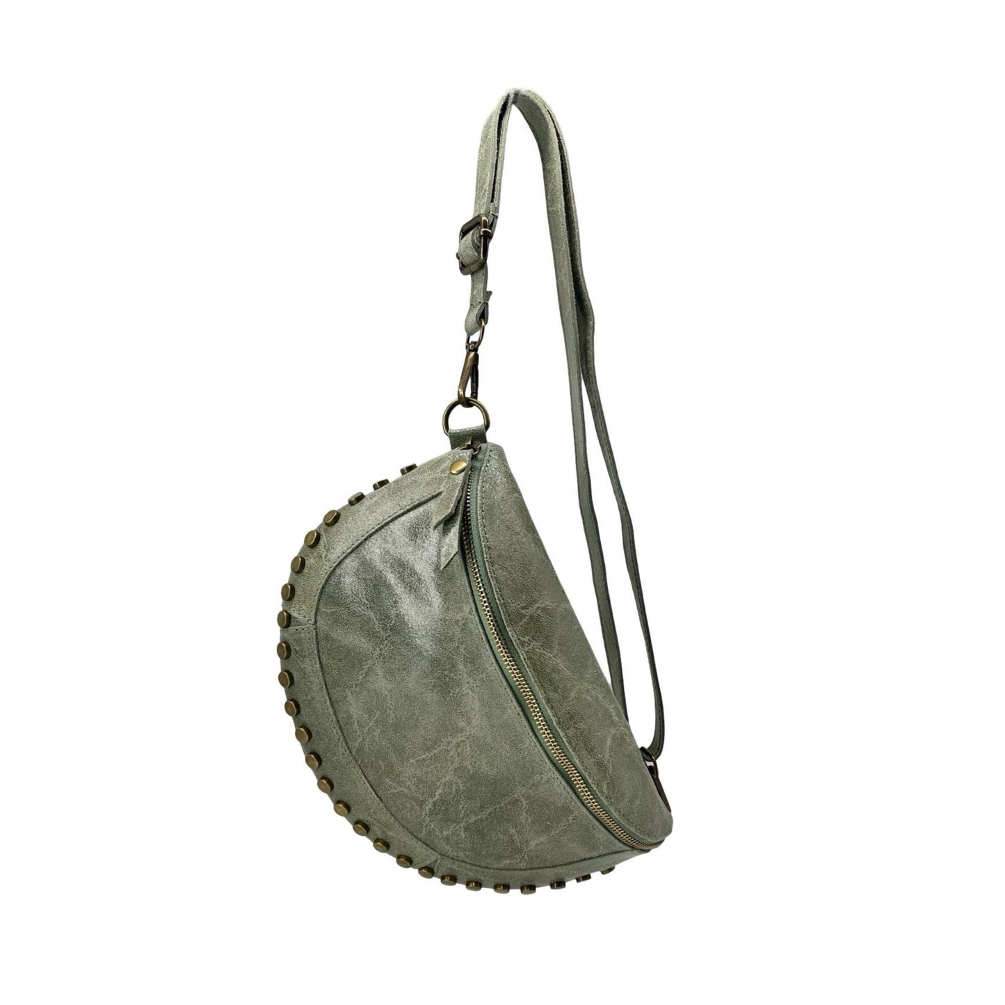 SAC BANANE CUIR BROSSE CLOUTE: VERT