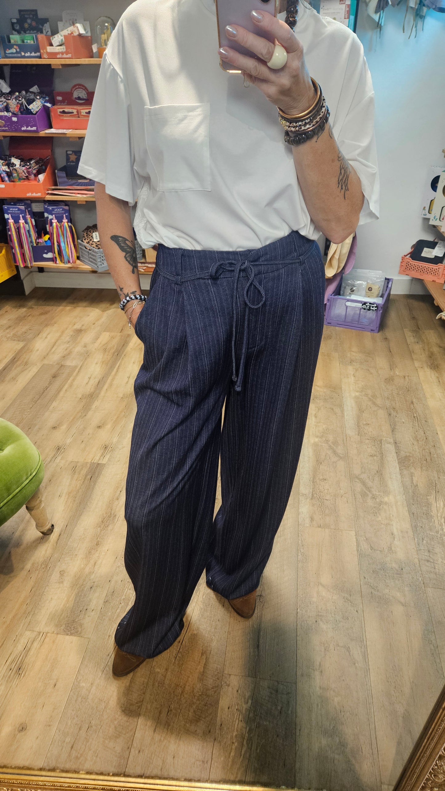 Pantalon DARK BLUE JACQUARD STRIPE - IHKATE PINELLE LONG WIDE