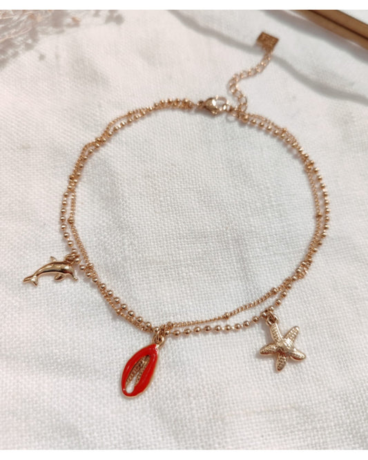Chaîne cheville coquillage rouge