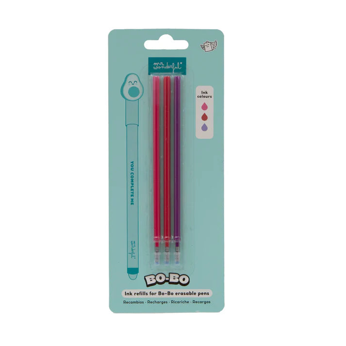 Lot de 3 recharges d'encre pour stylos effaçables Bo-Bo  - Rose, bordeaux et lilas