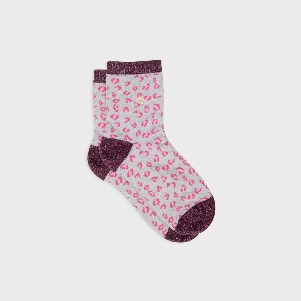 Chaussettes léopard pailletées - BLANC & LIE DE VIN