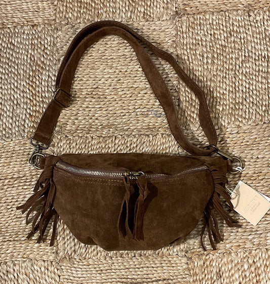 SAC BANANE CUIR FRANGES - MARRON
