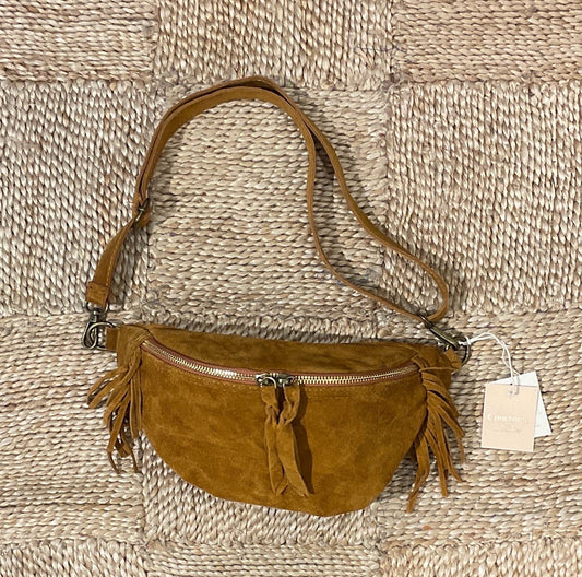 SAC BANANE CUIR FRANGES - CAMEL