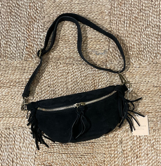 SAC BANANE CUIR FRANGES - NOIR