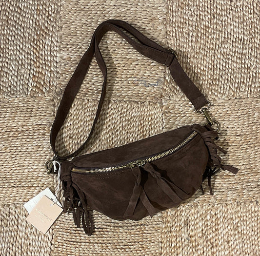 SAC BANANE CUIR FRANGES - CHOCO