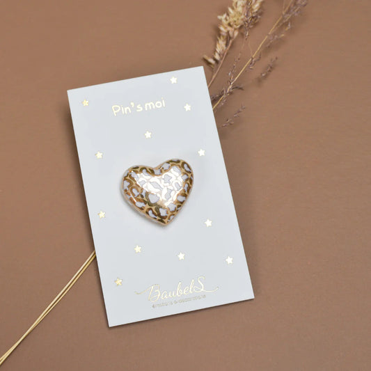 Pin's Coeur Leopard BLANC & DORÉ en porcelaine