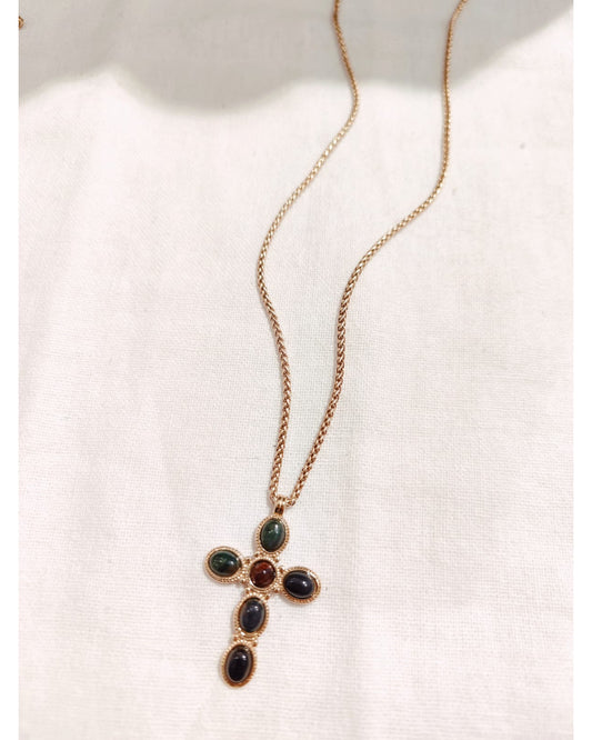 Sautoir CROIX VERT FONCÉ MARRON